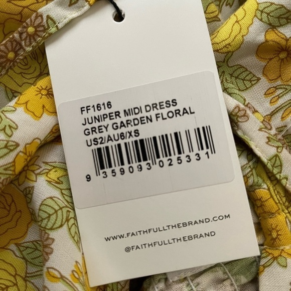 NWT FAITHFULL THE BRAND Juniper Yellow Floral Puff Sleeve Midi Dress US 2/ XS - Picture 9 of 9